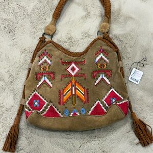Free People Colorful Embroidered Suede Shoulder Bag